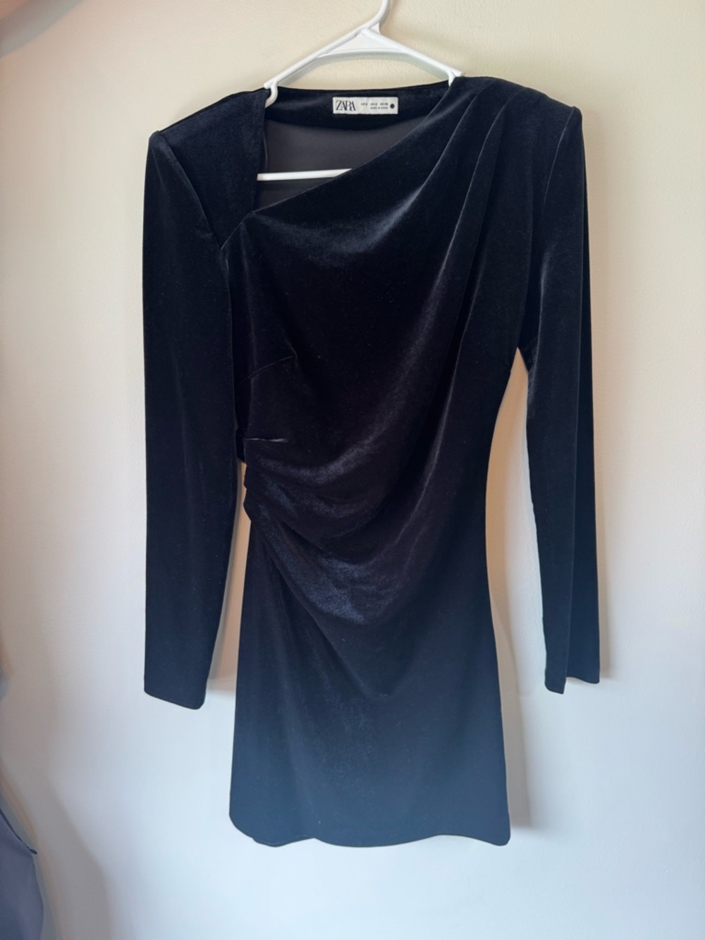 ZARA Black Velvet Ruched Asymmetrical Mini Dress Size S